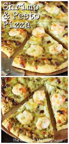 shrimp and pesto pizza is cut into slices