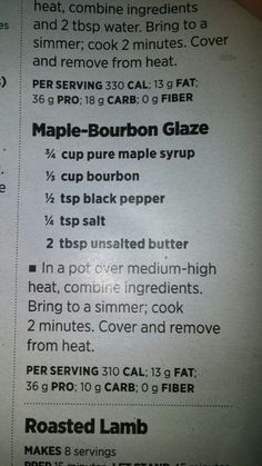 the instructions for making maple bourbon glaze are shown in this recipe book, which is open to read