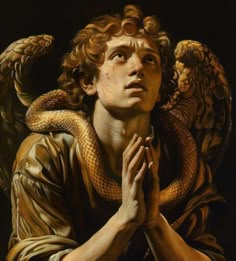 a painting of a man with his hands folded in front of him, holding a snake around his neck