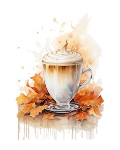 a painting of a coffee cup with whipped cream on top and autumn leaves around it