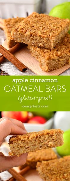 apple cinnamon oatmeal bars are stacked on top of each other with cinnamon sticks