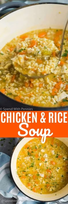 chicken and rice soup in a white bowl