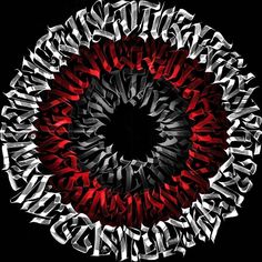 the letters are arranged in a circle with red and white accents on black background, as well as an eyeball shaped object