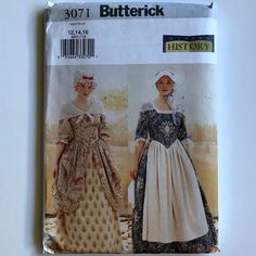 "Butterick 3071 Early American Colonial Description: Historical Costume (Top, Skirt, Bonnet, Cap and Scarf) Fitted, lined, boned top has princess seams, shaped hemline, back zipper, shaped, below elbow sleeves. A: purchased trim. B: self-lined sleeves, contrast lower sleeves with elastic, narrow hem, purchased ribbon. Dirndl skirt is floor length. A: contrast apron. A/overskirt B: waistband, back zipper. Skirt B: elastic waist. Bonnet/cap: self-lined. A: purchased ribbon. B: elastic waist. Bonne Colonial Dress Pattern, Colonial Dress, Dirndl Skirt, 18th Century Dress, 18th Century Costume, 18th Century Clothing, Bonnet Cap, Century Dress, Costume Sewing Patterns