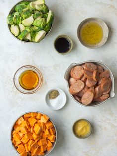 the ingredients for this meal include carrots, brussels sprouts and broccoli