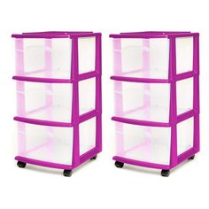 two purple and white storage bins with wheels on each side, one is filled with clear plastic containers