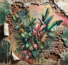 an old brick wall with a painting of tropical plants and leaves painted on the side