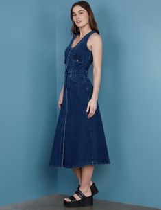 Women's Designer Premium Denim Vest Midi Dress in Dark Wash Denim Admit It, Premium Denim, Denim Vest, Midi Dress, How To Wear, Blue