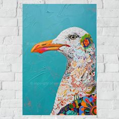 a painting of a seagull on a white brick wall with blue and green background