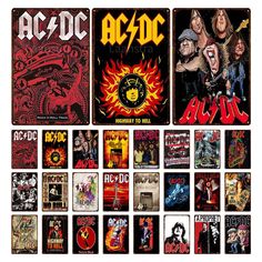 an assortment of metal posters with different designs on them, including the words ac / dc