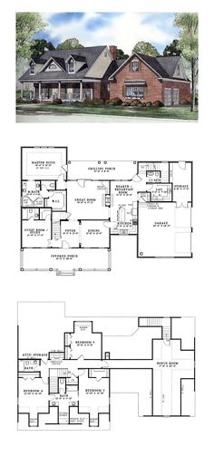 two story house plans with an open floor plan and large windows on the second level