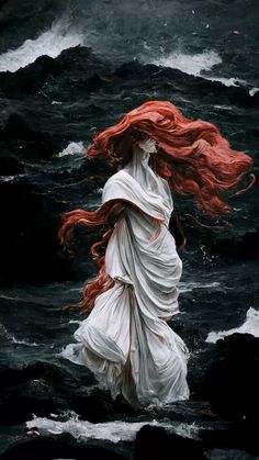 a woman with long red hair standing in the water