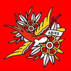 a red and yellow flower with the word aris on it's center surrounded by smaller flowers