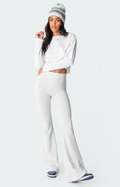 Edikted Naomi Flared Leggings | PacSun 2023 Wardrobe, Strapless Bustier, Flared Leggings, Flare Leg Pants, Swimwear Dress, Cotton Leggings, Winter Trends, Mesh Long Sleeve, Shrug Sweater