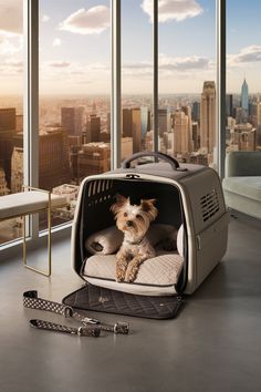 a small dog is sitting in an animal carrier on the floor next to a window