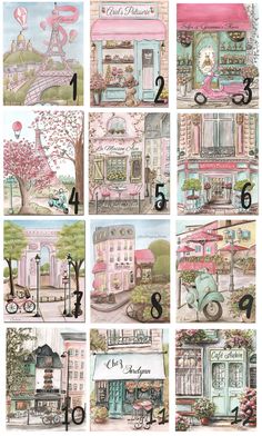 the front and back pages of an illustrated book with pictures of buildings, trees, and flowers