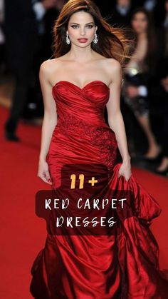 a woman in a red dress with the words 11 + ked carpet dresses on it