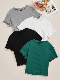 Plus Solid Color Knitted Women Short Sleeve T-Shirt, For Christmas Dark Green Casual  Short Sleeve Knitted Fabric Plain  Medium Stretch Summer Women Plus Clothing, size features are:Bust: ,Length: ,Sleeve Length: Petite Outfits Casual, Cropped Tee Shirt, Cropped Tops, Knit Tees, Casual Style Outfits, Teen Fashion Outfits