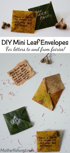 an origami envelope with writing on it and the words diy mini leaf envelopes