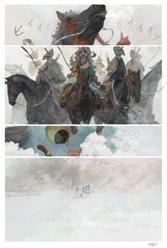 three different images of people riding horses in the sky with clouds and birds flying above them