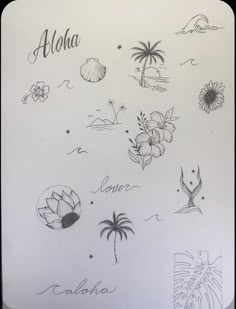 a sheet of paper that has some drawings on it with the words aloha