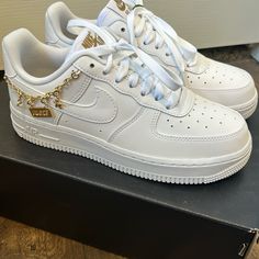 Brand New Never Worn Size 6.5 In Original Box Nike Air Force Gold, Luxury Nike Custom Sneakers For Streetwear, Nike Custom Low-top Gold Sneakers, Nike Custom Gold Low-top Sneakers, Gold Low-top Nike Custom Sneakers, Shoes Air Force 1s, Leopard Nikes, Shoes Air Force, Nike Shoes Air