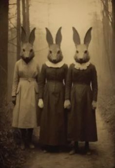 two women in bunny ears standing next to each other on a dirt road with trees behind them