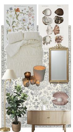 a bedroom with wallpaper and decor in shades of blue, white, gold and pink