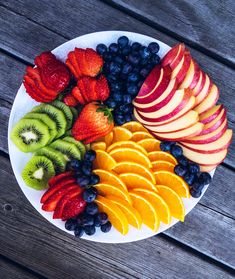 a white plate topped with sliced fruit on top of a wooden table