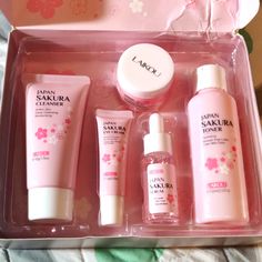 Beautiful Feminine Skincare Set That Includes A Cleanser, Toner, Serum, Eye Cream And Essence Cream. Never Used Only Opened To Take Pics. The Box Shows Some Imperfections Due To Storage. Kawaii Skincare Products, Japan Sakura, Small Business Quotes, Preppy Inspiration, Black Food, Muslimah Aesthetic, Skin Care Serum, Feminine Tattoos, Skincare Set