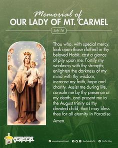 an image of the statue of mary and child jesus in green with text that reads, our lady of mt carmel