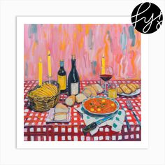 a painting of food and wine on a table with a red checkered tablecloth