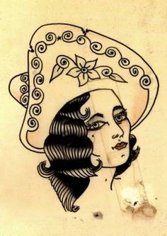 a drawing of a woman wearing a hat