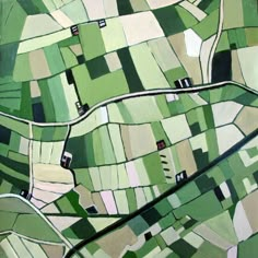 an abstract painting of green fields and roads in the countryside, with white lines running through them