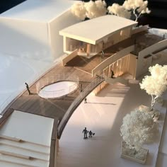 a model of a building with people walking around it