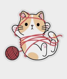 a sticker with a cat holding a ball of yarn in it's paws