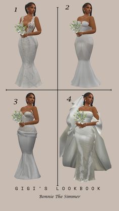 four different views of a woman in a wedding dress with flowers on her chest, and the