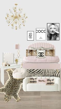 a bedroom with pink and gold accents, leopard print rugs, chandelier, bedding, chair, pictures on the wall