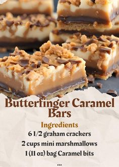 the ingredients for butterfingerer caramel bars are shown in this advertise