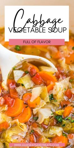 cabbage vegetable soup in a white bowl with a ladle full of vegetables and herbs