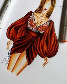 a drawing of a woman in a red dress