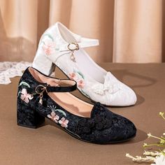 Retro Floral Embroidery Toe High Heel Shoes Elevate your style with our elegant Retro Floral Embroidery Toe High Heel Shoes. Featuring intricate floral embroidery on the toe and a high heel, these shoes add a vintage charm to any outfit. Step into the past while staying fashion-forward with our unique design. All measurements are approximate and can vary slightly. Please check size info. before order. Hanfu Shoes, Footwear Inspiration, Anime Lingerie, Platform Mary Janes, Platform Slippers, Boots And Sneakers, Kawaii Clothes, Retro Floral, Dress With Cardigan