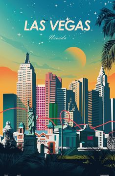 the las vegas skyline is shown in this retro poster