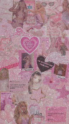 pink collage with pictures and hearts on it