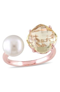 - Sterling silver pink plated lemon quartz and freshwater cultured pearl ring . 8-8.5mm freshwater cultured pearl. 17mm L x 9mm W ring face. Imported  Please note: Due to the unique and natural origin of pearls, slight variations in overtone and quality may occur. These characteristics enhance the beauty of the product and truly make them a one of a kind piece. Polish with dry microfiber cloth  Sterling silver pink plated silver, lemon quartz, freshwater cultured pearl Pearl Jewelry Ring, Lemon Quartz Ring, Diamond Ring Cuts, Cultured Pearl Ring, Women's Rings, Yellow Earrings, Lemon Quartz, Quartz Rose, Gold Plated Rings