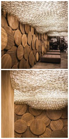 two images show the inside and outside of a building with wood circles on the walls