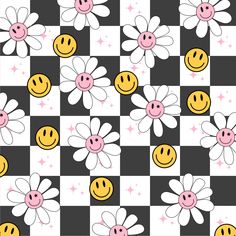 a checkerboard pattern with flowers and smiley faces on the same background as stars