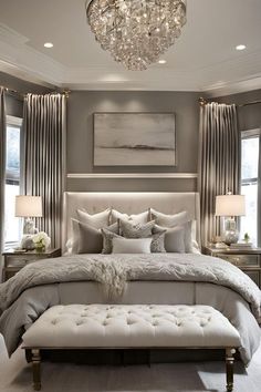 a large bed sitting under a chandelier in a bedroom