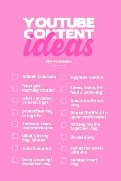 a pink poster with the words youtuber content ideas