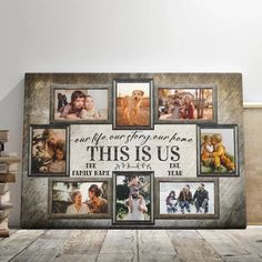 this is an image of a family collage with four pictures on the front and back